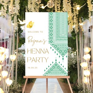 Editable Henna Welcome Sign, Palestinian Pattern, Green Tatreez, Printable Sign, Edit with Canva, Katb Kitab, Engagement, Nikah