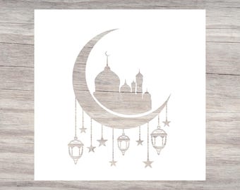 Plantilla reutilizable para pintar la luna creciente y los faroles, ideal para la celebración del Ramadán/Eid.