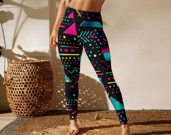 80s Retro Yoga Leggings, Funky Workout Pants for her, Athleisure wear for her, festival pants neon rave pants miami vice leggings florescent