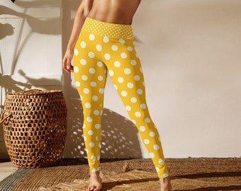 Leggings yoga a pois, pantaloni festival gialli retrò per lei, abbigliamento rave, abiti da festa anni '80, abbigliamento athleisure retrò, jogger yoga per la spiaggia