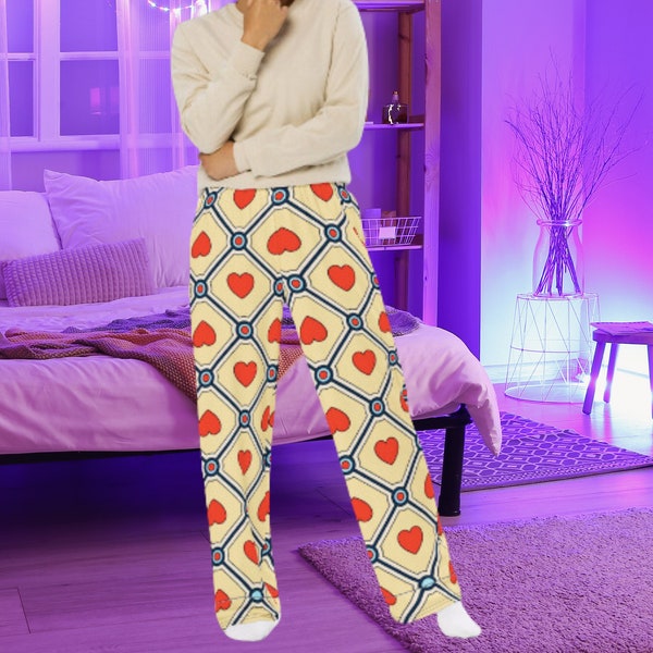 Heart Print Pajama Pants, Chic unisex wide-leg pants, Plaid pajma pants, hearts pj bottoms for her, cute pajama pants