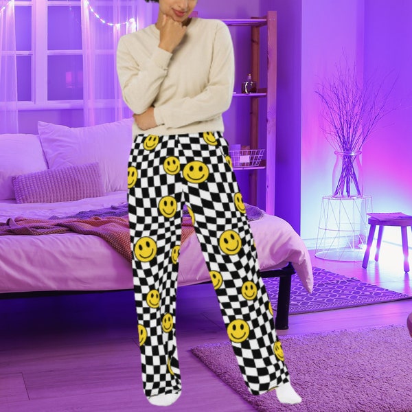 Retro Pajama Pants, Funky All-over print unisex wide-leg pants, Checkered pajama bottoms, smiley face pj pants, 90s loungewear pants
