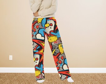 Comic-Buch-Druck-Pyjama-Hose, All-Over-Print Unisex-Hose mit weitem Bein, Pop-Art-Flanell-Hose, Retro Comic-Druck-Pyjama-Unterteil, Festival Pjs