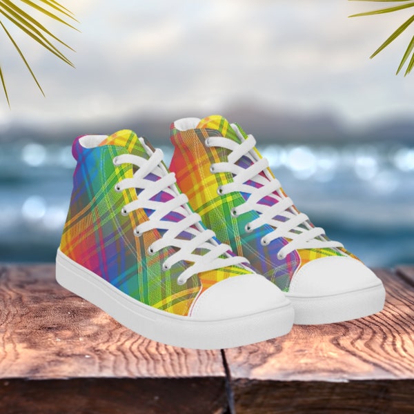 Rainbow Plaid High tops, Women’s Festival high top canvas shoes, LGBTQ Shoes, pride sneakers, plaid shoes for her