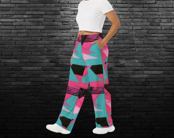 Pantaloni pigiama Miami Vice, pantaloni a gamba larga unisex con stampa retrò all-over, pantaloni PJ rosa caldo, abbigliamento da festival, pantaloni Rave, elementi essenziali per le feste degli anni '90