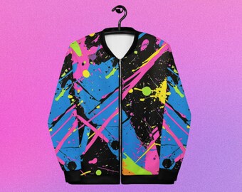 Neon Paint Splatter Jacket, Unisex Rave Bomber Jacket, Retro Full Zip, Festival Jackets, 80s party outfits