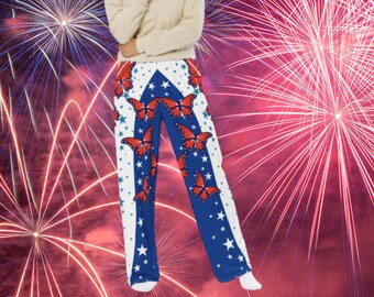 Pyjamahose für den 4. Juli, Unisex-Flanellhose mit weitem Bein aus den USA, Patriotic Butterflies-Hose für den 4. Juli, amerikanische Pyjamahose