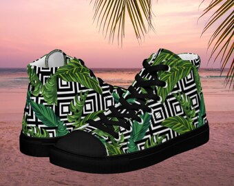 Tropical Women’s high top canvas shoes, Palm Leaves Sneakers for her, Retro high tops