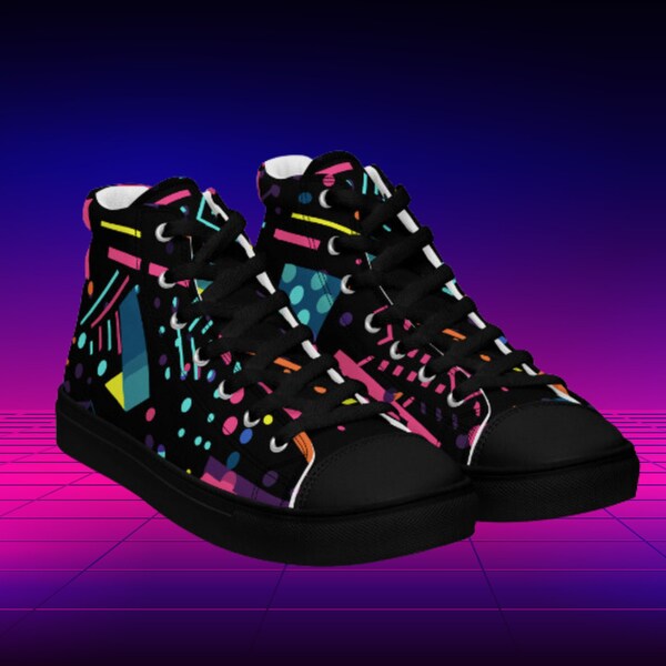 Retro 80s High Top Canvas Sneakers - Women's Rave Footwear, Retro Party Shoes for her Neon hightops streetwear Shoes for her