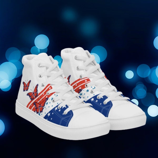 Chic Women’s high tops, Women's Patriotic Butterflies summer shoes, Cute Fourth of July Sneakers for her, USA Stars and Stripes Hightops