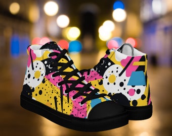 Neon Mens Sneakers Retro 80s High Top sneaker 80s party shoes, Colorful Paint splatter retro 90s shoes for him, hightops for men