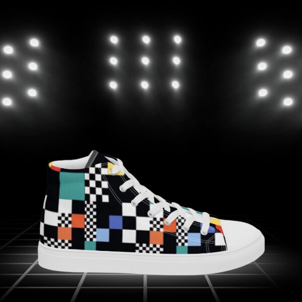 Men’s Funky high tops, Retro High Top shoes for him, funkadelic checkered sneakers, summer time hightops for men