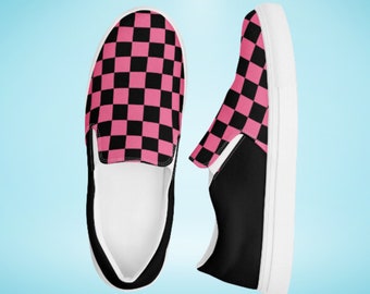 Chic Women’s slip-on shoes, Checkered Low top sneakers for her, retro pink beach shoes, summertime slip ons for ladies