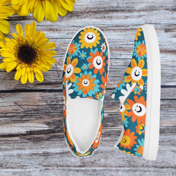 Hippie Women’s slip-on canvas shoes, spring slip on sneakers, floral summer low tops, flower power shoes, smiling flower slipons sneaker