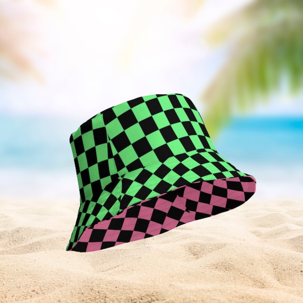 Neon Checkered Reversible bucket hat, Rave Hats, Festival Headware, Beach Party Bucket Hats, Pink and Green retro hat