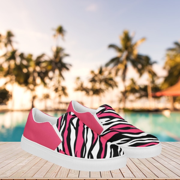 Hot Pink Women’s slip-on canvas shoes, Retro Slip on beach shoes for her, neon 80s party shoes, pink tiger stripes sneakers