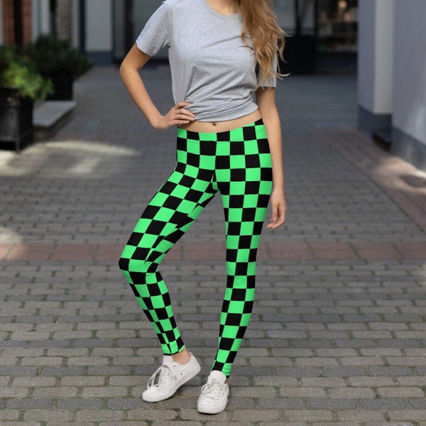 Retro Leggings, Festival Pants for her, Rave outfits, 80s party clothes, lime green checkered pants for her