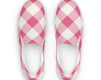 Slip-ons roses, chaussures sans lacets pour femmes, baskets à carreaux, chaussures roses pour elle, chaussures basses pour femmes, chaussures d'été basses pour femmes