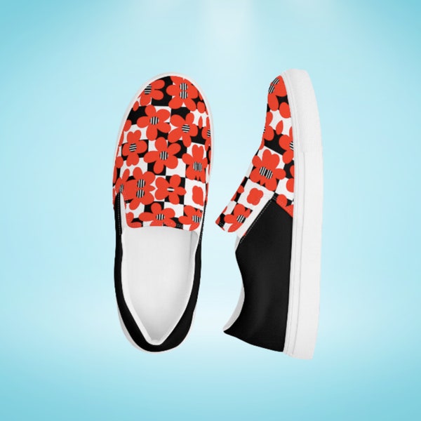 Retro Women’s slip-on canvas shoes, Checkered lowtops for her, womens beach sneaker, ladies low top slip on shoes, floral checkered shoes