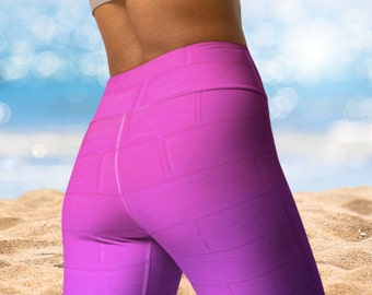 Hot Pink Yoga Leggings, Pink und Lila Color Fade Yoga Hose, Hose mit Ziegelmuster, Festival Outfits, Rave Wear für Sie