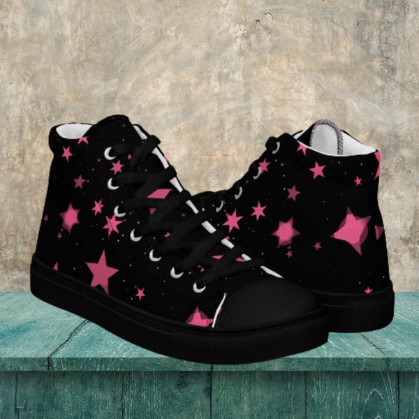 Sneakers da donna retrò alte, scarpe rave Pink Stars High Top da donna, elementi essenziali per le feste degli anni '80, calzature fetival, sneaker da festa degli anni '80