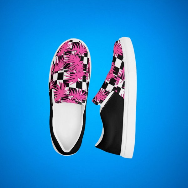 Checkered Women’s slip-ons, Retro Pink Palm Trees shoes, Checker slip on shoes for her, womens beach shoes for summertime