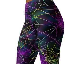 Leggings de yoga néon, tenue de fête des années 80, legging festival EDM, pantalon rave fluorescent Spider Web, vêtements de yoga rétro, pantalon d'entraînement athleisure