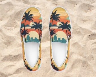 Men’s sunset slip-on shoes, Beach Shoes for him, retro sunset mens footwear, vaporwave lowtops for him