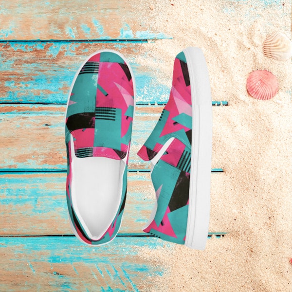 Miami Vice Women’s slip-on canvas shoes, Retro Footwear for her, Ladies lowtop beach shoes, Funky 80s slipons for her