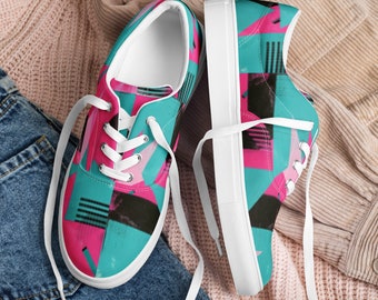 Miami Vice Men’s lace-up canvas shoes, Men's Beach Shoes, Turquoise Sneakers for Boat Party, Retro 80s lowtops for him, abstract checkered