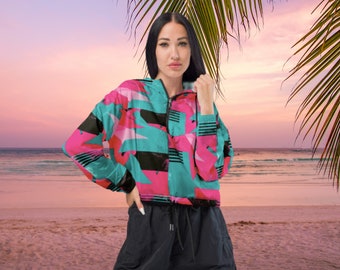 Kurz geschnittene Windjacke für Damen von Funkadelic, pinkfarbene Windjacke für Damen, abstrakte Jacken, 80er-Jahre-Retro-Jacken