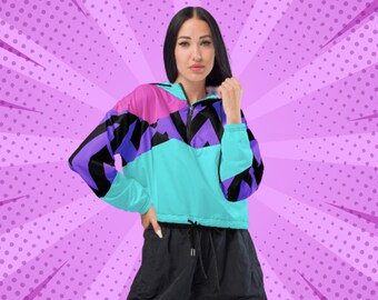 Kurz geschnittene Windjacke für Damen von Funkadelic, pastellfarbene Windjacke für Damen, abstrakte Jacken, 80er-Jahre-Retro-Jacken