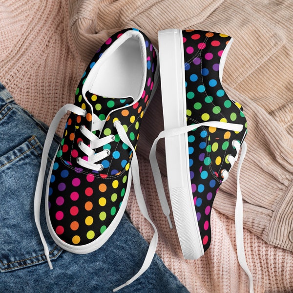 Women’s Rave lace-up shoes, neon rainbow polka dots low top shoes for her, retro festival sneakers, 80s party footwear, beach shoes ladies