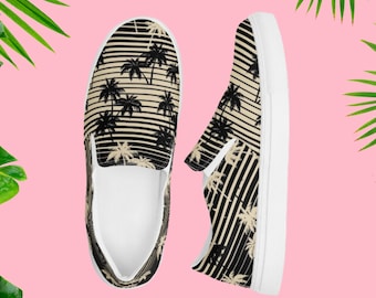 Retro Palm Trees Slip ons, Men’s summertime slip-on canvas shoes, beach shoes for him, tropical mens sneakers
