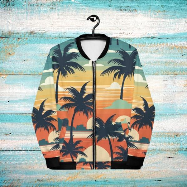 Sunset Bomber Jacket, Retro Vaporwave Unisex Bomber Jacket, Festival 90s style full zip jackets, 80s inspired bomber jackets, miami vice