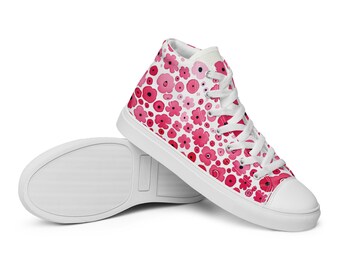 Red Floral Women’s high tops, Red and White flower sneakers, hippie shoes for women festival footwear, springtime high top casual sneakers