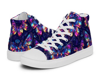 Funky Butterflies High Tops, Women’s retro high top shoes, EDM festival sneaker for her, Rave footwear for girls who party, cute neon sneaks