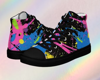 Neon Rave Women’s high tops, ladies high top sneakers for 80s party, festival attire sneaker, paint splatter glowing shoe for raves 90s