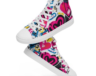 Graffiti Hightops for her, Women's High top festival sneakers for spring spray paint hearts painted shoes for her, cute hightops