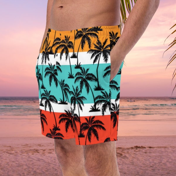 Palm Trees Men's swim trunks, Retro Sunset Bathing suit for men, summertime beach wear for men