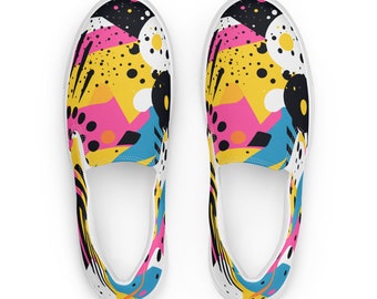 Retro 80s Women’s slip-ons, 80s party sneaker for her, low top shoes, beach sneakers, paint splatter shoes, black and yellow slip ons
