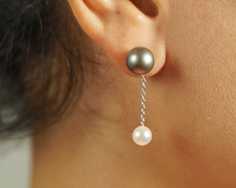 14KT White Gold Dangle/Drop Tahitian & Akoya Cultured Pearl Earrings
