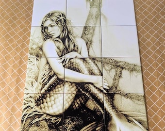 Mermaid Siren Ceramic Tile Mural Backsplash.