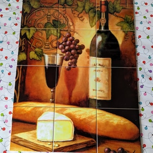 Bread wine and grapes Ceramic Tile Mural Backsplash.