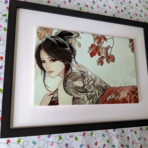 Dragon Tattoo Ceramic Wall Art Tile, 8" by 12" Glossy Finish, With Or Without A Frame.