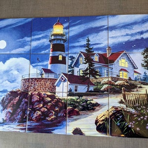 Lighthouse in a Moonlight Ceramic Tile Mural.