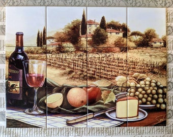 Winogrona, ser, płytki ceramiczne, mural, ściana nad blatem.