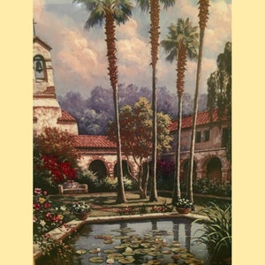 Pode incluir: Uma pintura de um pátio de estilo espanhol com uma fonte, palmeiras e um edifício com um campanário.