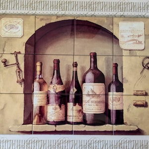 May include: A tiled wall mural depicting a wine cellar with five bottles of wine, a corkscrew, and two labels that read "Chateau de Meursault" and "Man Raymma Ganxal".