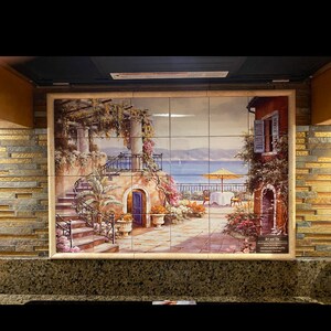 Carreaux De Céramique Mural - Motif Village Côtier Méditerranéen - Format Carré - Pour Cuisine/salle De Bain